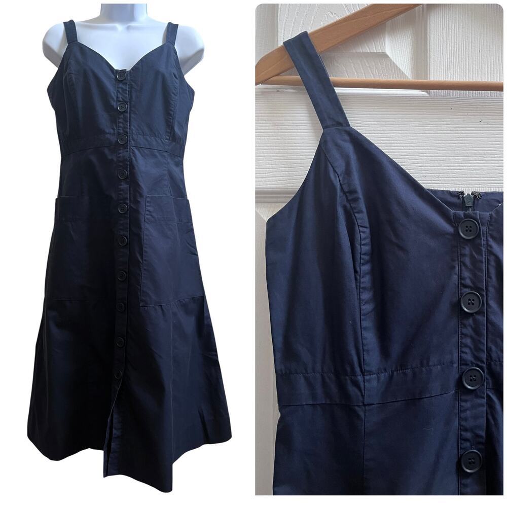 Nordstrom Signature Navy Blue Cotton Pocket Midi Dress Size 4 Small Loose Hem - Picture 10 of 10